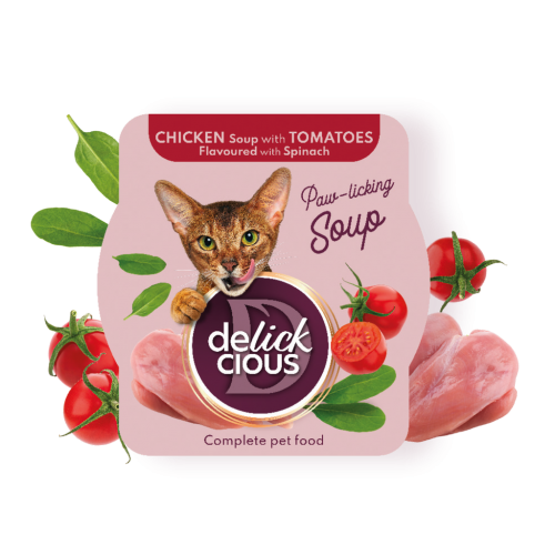 DELICKCIOUS - Sopa de pollo con tomate  y espinacas .  Comida húmeda completa SIN CEREALES. PACK  12 unds de 80 g 