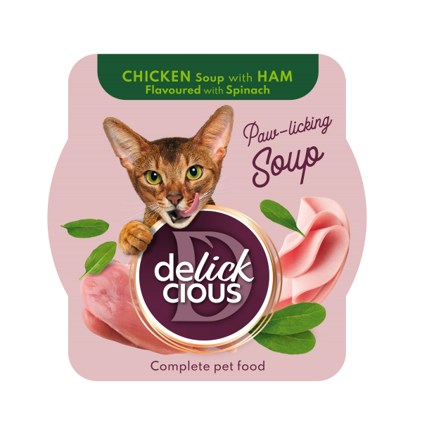 DELICKCIOUS - Sopa de Pollo con jamón  y espinacas .  Alimento completo para gatos adultos. PACK  12 unds de 80 g