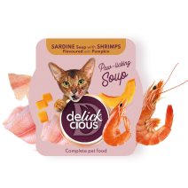 DELICKCIOUS - Sopa de sardina con gambaz y calabaza .  Comida húmeda completa para gatos adultos . PACK  6 unds de 80 g 