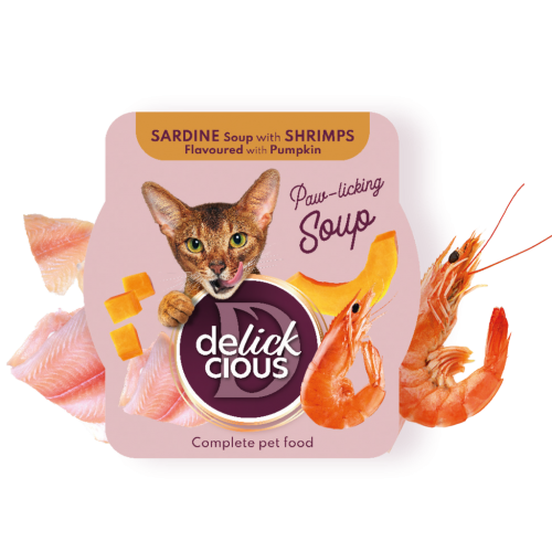 DELICKCIOUS - Sopa de sardina con gambaz y calabaza .  Comida húmeda completa para gatos adultos . PACK  12 unds de 80 g 