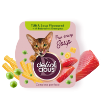 DELICKCIOUS - Sopa de atún con maíz tierno y guisantes verdes .  Comida húmeda completa para gatos adultos . PACK  12 unds de 80 g 