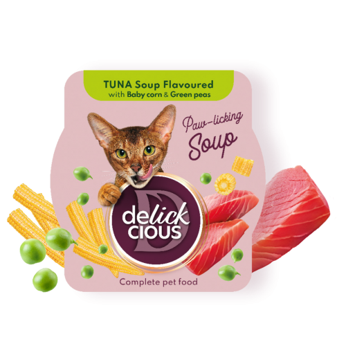 DELICKCIOUS - Sopa de atún con maíz tierno y guisantes verdes .  Comida húmeda completa para gatos adultos . PACK  12 unds de 80 g 