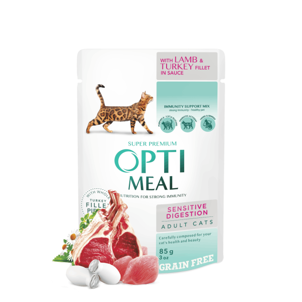 OPTIMEAL™ Grain free complete сanned pet food for adult cats with sensitive digestion with lamb and turkey fillet in sauce