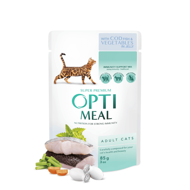 OPTIMEAL ™ Сomplete сanned pet food for adult cats with cod fish and veggies in jelly