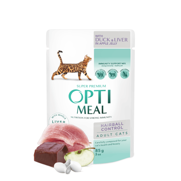 OPTIMEAL™ Сomplete сanned pet food for adult cats hairball control, with duck and slices of liver in apple jelly