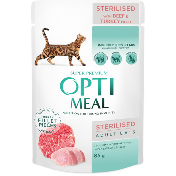 OPTIMEAL™ Pienso húmedo para gato esterilizado con ternera y filete de pavo en gelatina,0,085g,Pack 12*85g