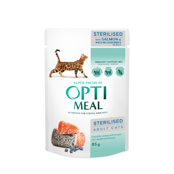 OPTIMEAL™ Pienso húmedo para gato esterilizado con salmon y arándano en gelatina,0,085kg,Pack 12*85g