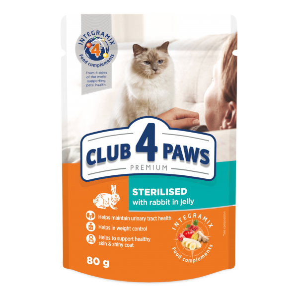 CLUB 4 PAWS Premium "Sterilised". Pienso humedo para gatos adultos esterilizados -Conejo en gelatina,0,08 kg,Pack 24*80g