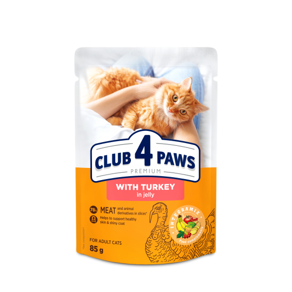  CLUB 4 PAWS Premium Pienso húmedo para gatos adultos con pavo en gelatina,0,085kg