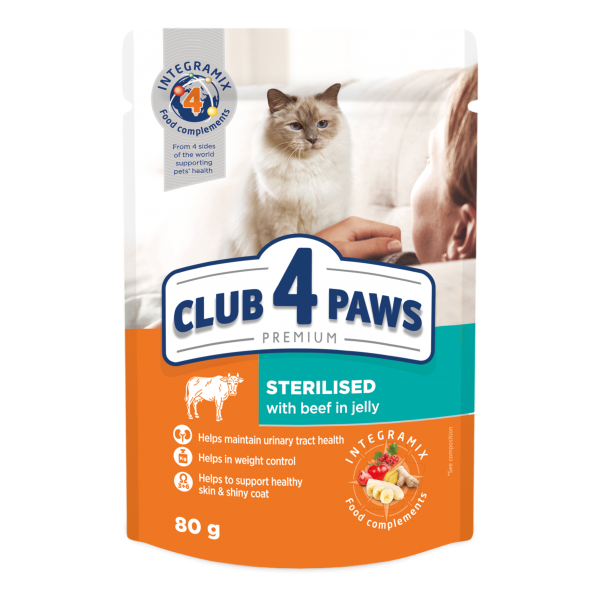 CLUB 4 PAWS Premium comida húmeda con vacuno en gelatina para gatos adultos Esterilizados