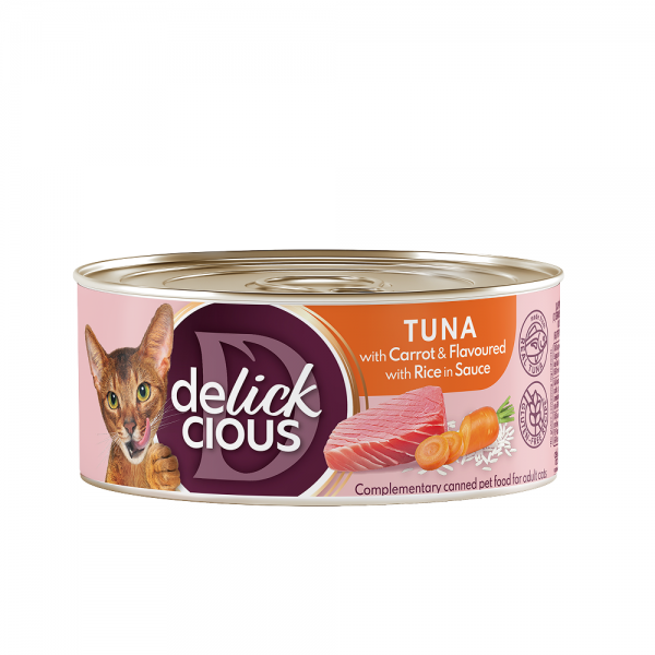 DELICKCIOUS™ Atún con zanahoria i arroz en salsa. Comida húmeda complementaria  para gatos adultos, 85 g