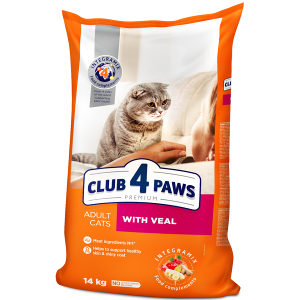 CLUB 4 PAWS Premium "With veal". сomplete dry pet food for adult cats, 14 kg