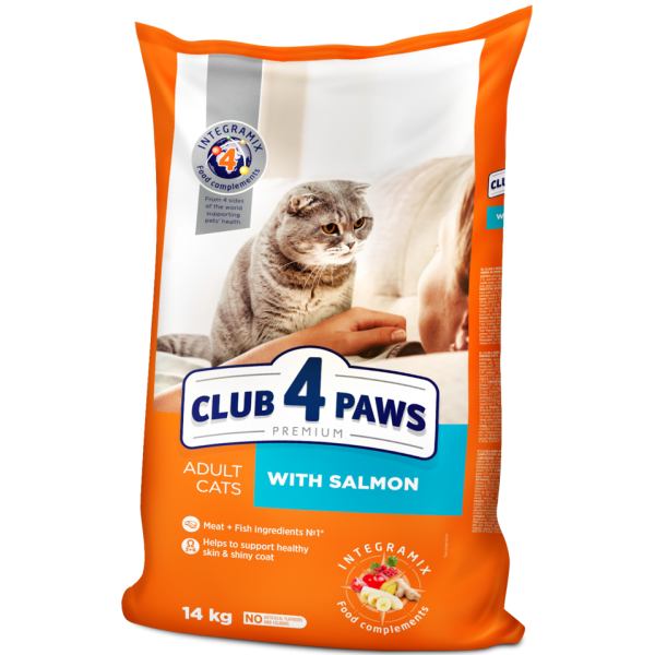 CLUB 4 PAWS Premium "With Salmon". Сomplete dry pet food for adult cats, 14 kg