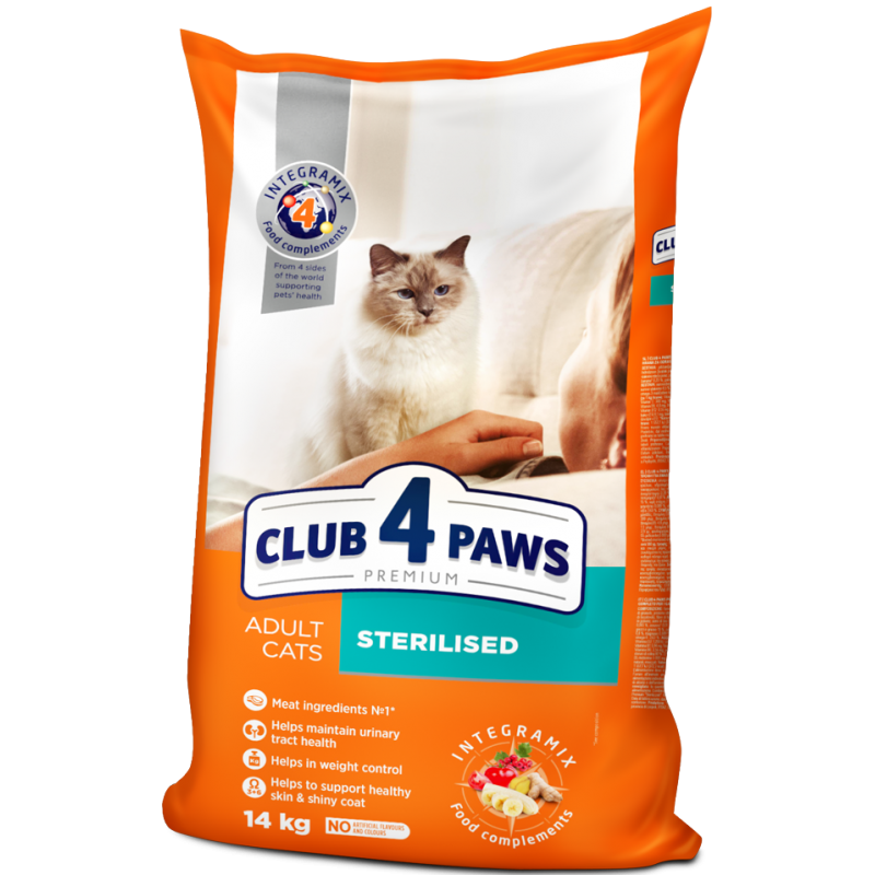 CLUB 4 PAWS Premium "Sterilised". Сomplete dry pet food for adult sterilised cats,14 kg