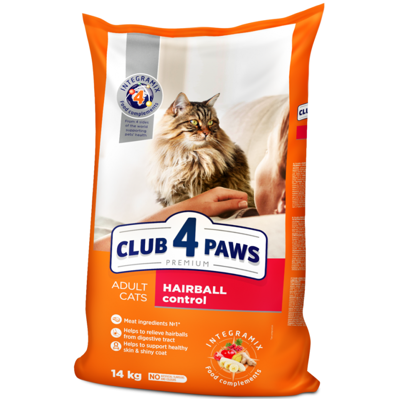 CLUB 4 PAWS PREMIUM "HAIRBALL CONTROL"  СOMPLETE DRY PET FOOD FOR ADULT CATS 14 kg