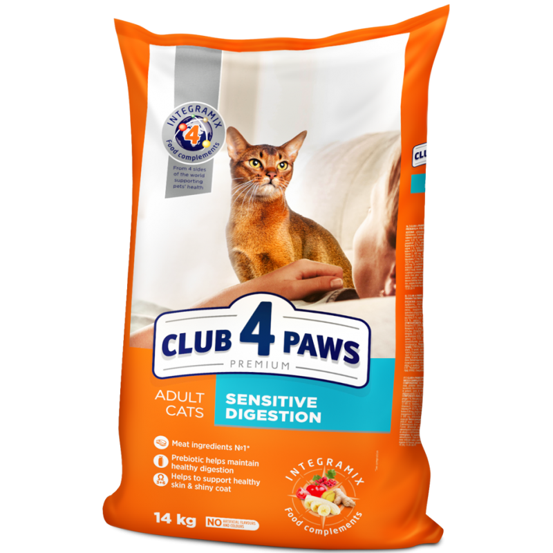 CLUB 4 PAWS Premium "Sensitive digestion". Complete dry pet food for adult cats,14 kg