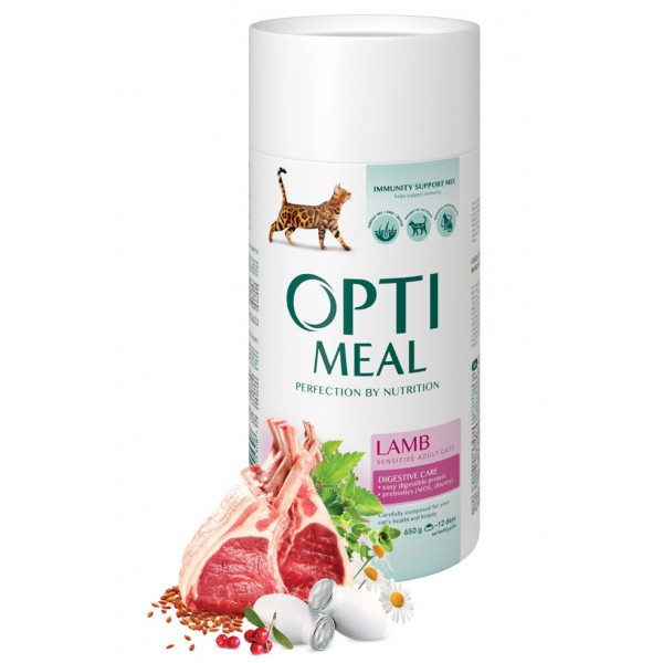OPTIMEAL™. Complete dry pet food for adult cats with sensitive digestion - lamb 0,65 kg
