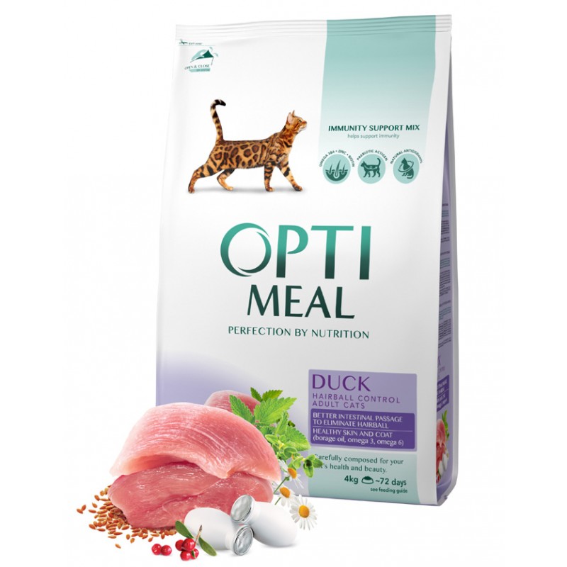 OPTIMEAL ™. Complete dry pet food for adult cats hairball control - duck 4 kg