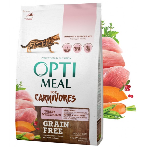 OPTIMEAL™. Grain free complete dry pet food for adult cats - turkey and veggies 4 kg
