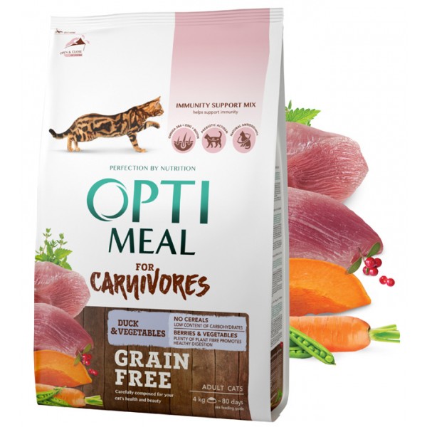 OPTIMEAL™. Grain free complete dry pet food for adult cats - duck and veggies 4 kg