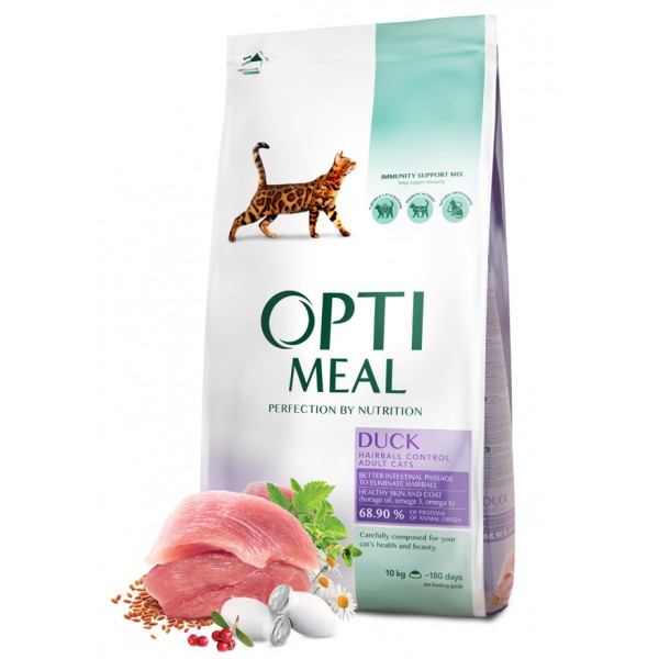 OPTIMEAL ™. Complete dry pet food for adult cats hairball control - duck 10 kg