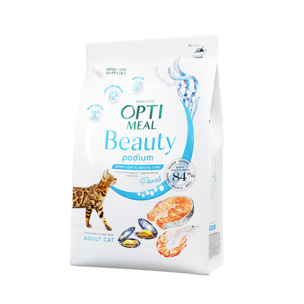 OPTIMEAL™. BEAUTY PODIUM. SHINY COAT & DENTAL CARE Pelo brillante y salud dental Pienso seco completo para gatos adultos con Super fórmula marina, 4kg