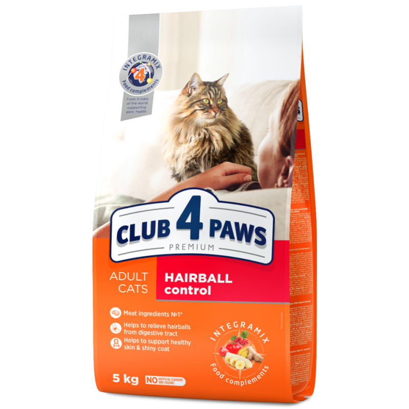 CLUB 4 PAWS PREMIUM "HAIRBALL CONTROL"  СOMPLETE DRY PET FOOD FOR ADULT CATS, 5 kg