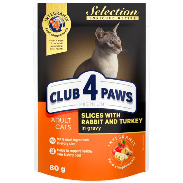 CLUB 4 PAWS Premium "Slices with rabbit and turkey in gravy". Complete canned pet food for adult cats 0,08 kg