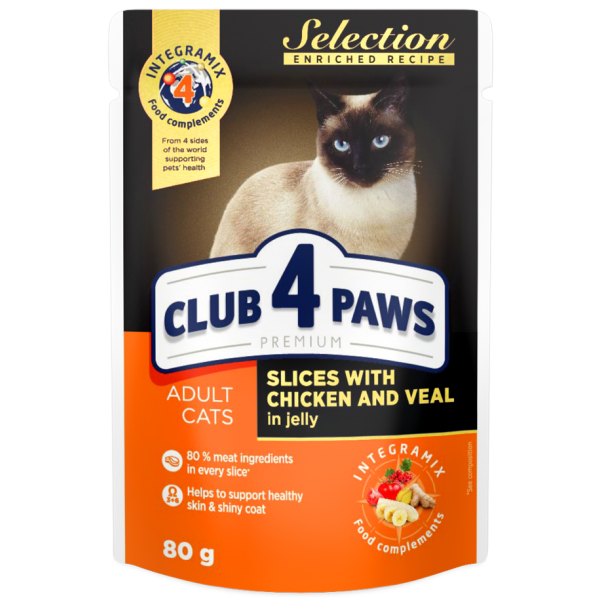 CLUB 4 PAWS Premium "Slices with chicken and veal in jelly". Complete canned pet food for adult cats 0,08 kg