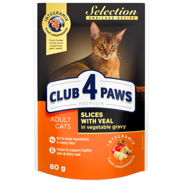 CLUB 4 PAWS Premium "Slices with veal in vegetable gravy". Complete canned pet food for adult cats 0,08 kg