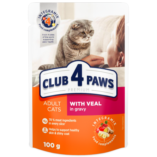 CLUB 4 PAWS Premium "With veal in gravy". Complete canned pet food for adult cats 0,1 kg