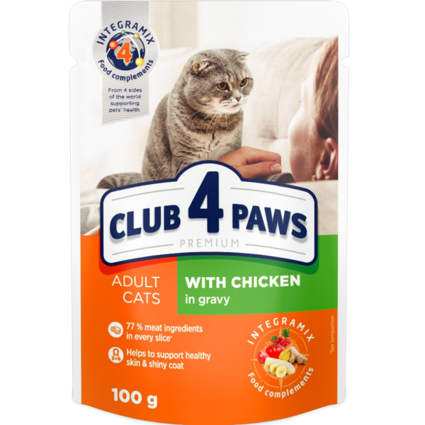 CLUB 4 PAWS Premium "With chicken in gravy". Complete canned pet food for adult cats 0,1 kg