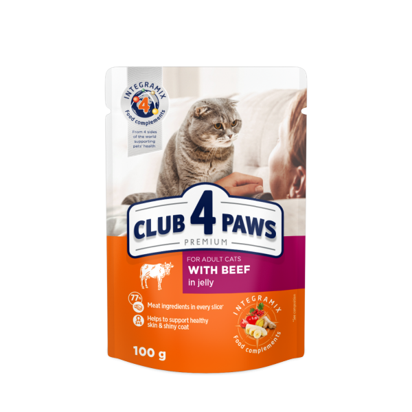 CLUB 4 PAWS Premium Pienso húmedo para para gatos adultos con carne de vaca en gelatina, 100g x 24