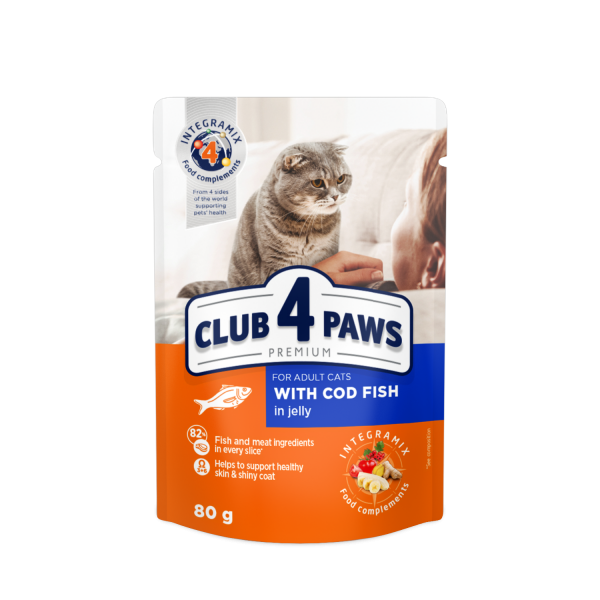 CLUB 4 PAWS Premium Pienso húmedo para para gatos adultos con bacalao en gelatinaa, 100g x 8