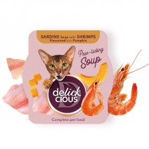 DELICKCIOUS - Sopa de sardina con gambaz y calabaza .  Comida húmeda completa para gatos adultos . PACK  12 unds de 80 g 