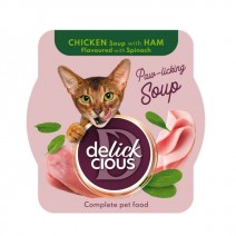 DELICKCIOUS - Sopa de Pollo con jamón  y espinacas .  Alimento completo para gatos adultos. PACK  12 unds de 80 g