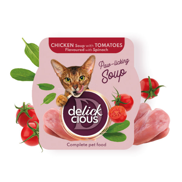 DELICKCIOUS - Sopa de pollo con tomate  y espinacas .  Comida húmeda completa SIN CEREALES. PACK  12 unds de 80 g 