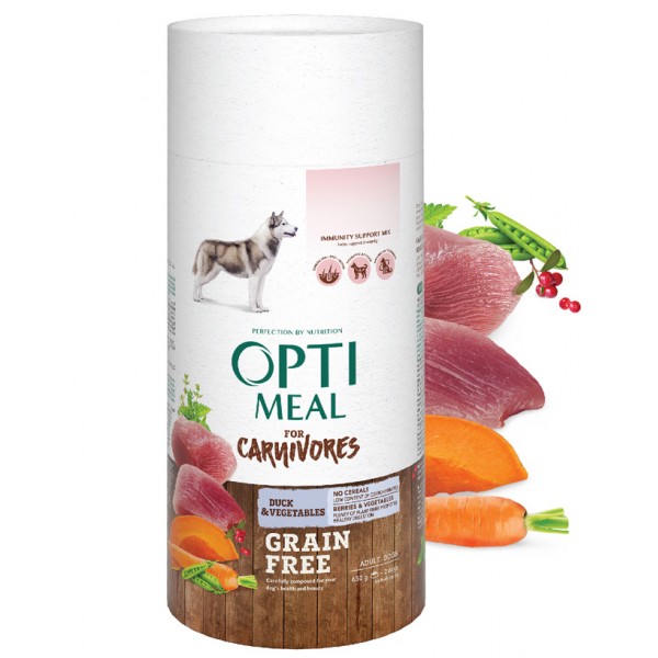 OPTIMEAL™. Grain free complete dry pet food for adult dogs all breeds with duck and veggies 0,65 kg
