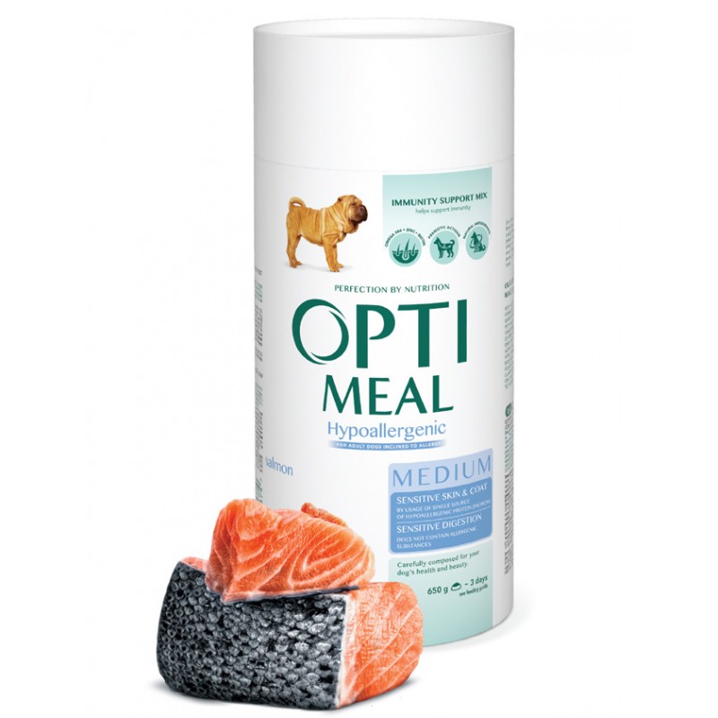 OPTIMEAL ™. Hypoallergenic complete dry pet food for adult dogs of medium breeds – salmon