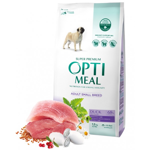 OPTIMEAL™. Complete dry pet food for adult dogs of small breeds - duck 1,5 kg