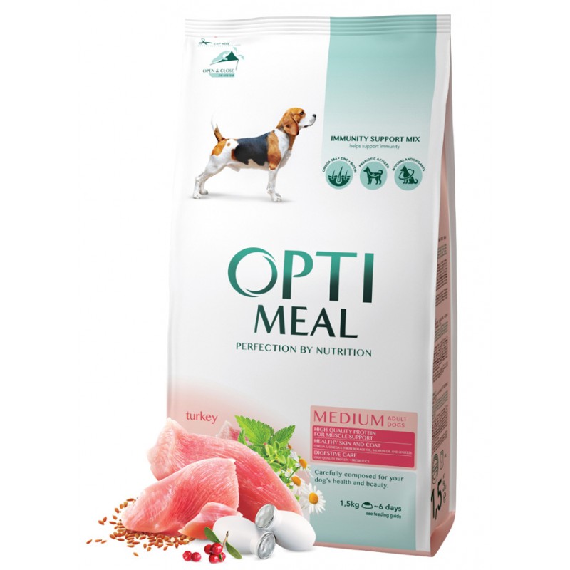 OPTIMEAL ™. Complete dry pet food for adult dogs of medium breeds – turkey 1,5 kg