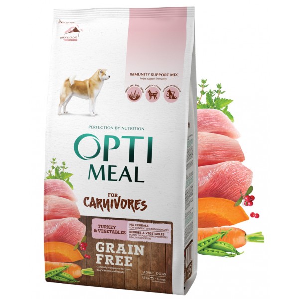 OPTIMEAL™. Grain free complete dry pet food for adult dogs all breeds - turkey and veggies 1,5 kg