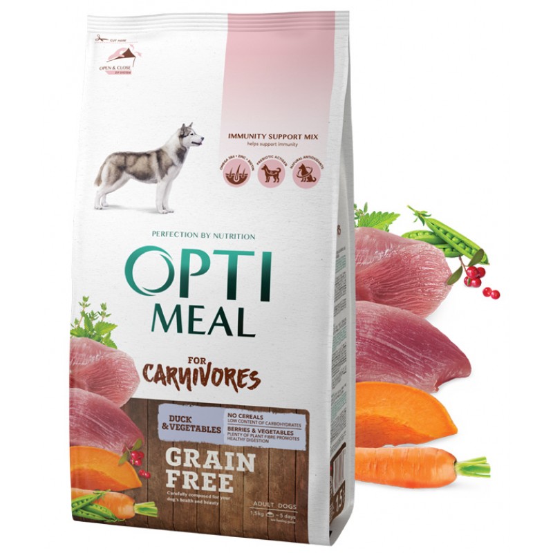 OPTIMEAL™. Grain free complete dry pet food for adult dogs all breeds with duck and veggies 1,5 kg