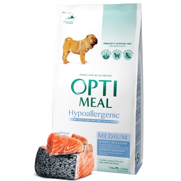 OPTIMEAL ™. Hypoallergenic complete dry pet food for adult dogs of medium y large breeds – salmon 1,5 kg