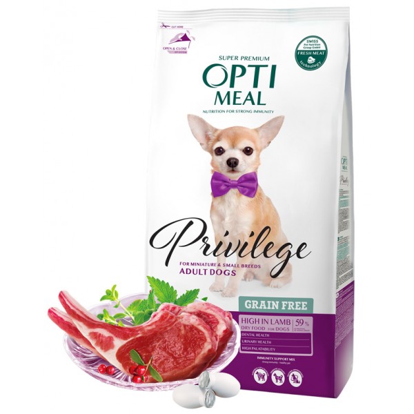 OPTIMEAL™. Grain free complete dry pet food for adult dogs of miniature and small breeds high in lamb 1,5 kg
