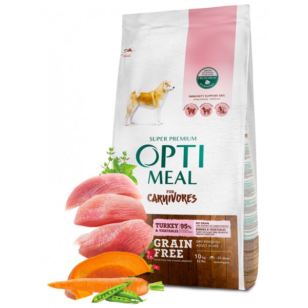 OPTIMEAL™. Grain free complete dry pet food for adult dogs all breeds - turkey and veggies 10 kg