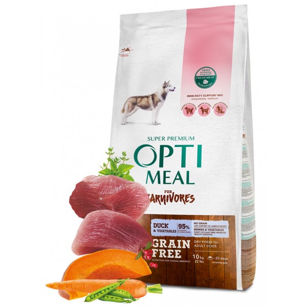 OPTIMEAL™. Grain free complete dry pet food for adult dogs all breeds with duck and veggies 10 kg