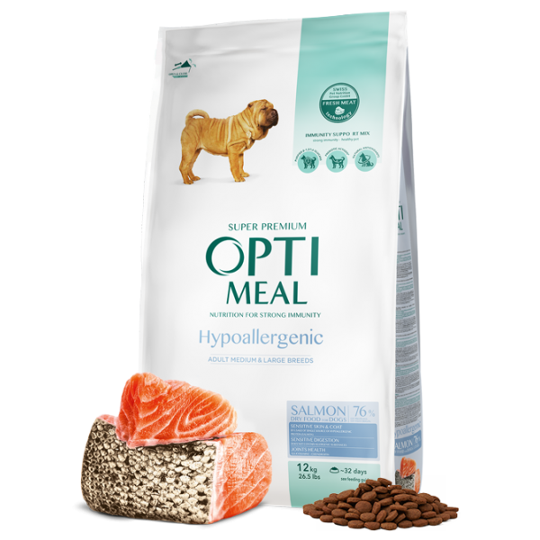 OPTIMEAL™ Hypoallergenic complete dry pet food for adult dogs of medium and large breeds – SALMON. 12kg