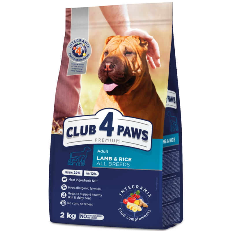 CLUB 4 PAWS Premium "Lamb and rice" for adult dogs of all breeds. Complete dry pet food 2 kg