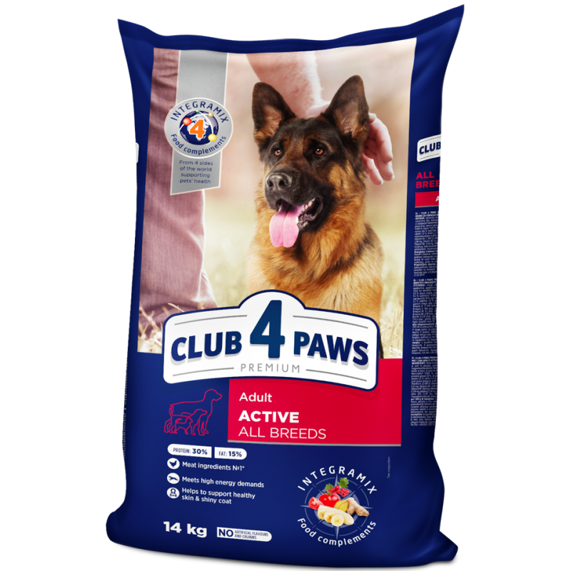 CLUB 4 PAWS Premium "Active". Complete dry pet food for adult active dogs of all breeds 14 kg